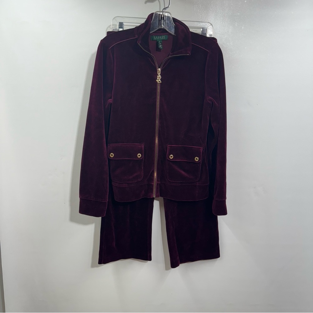 Lauren Ralph Lauren Womens Burgundy Velour Tracksuit S Jacket SP Pants